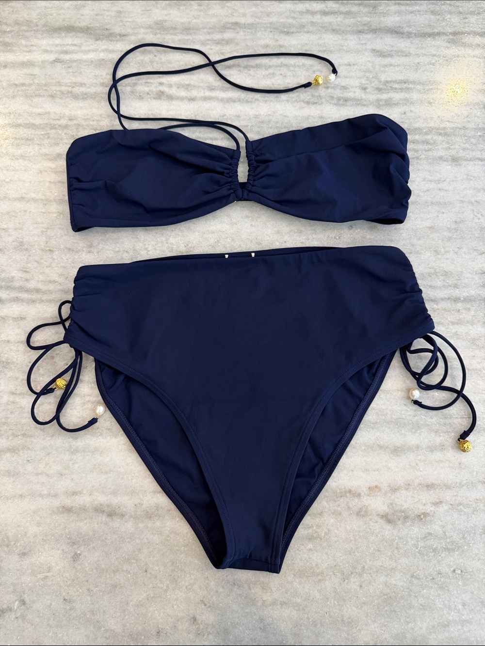 Tory Burch Nautical Navy Bandeau Halter Bikini Top & Cinched Bottoms, Size L